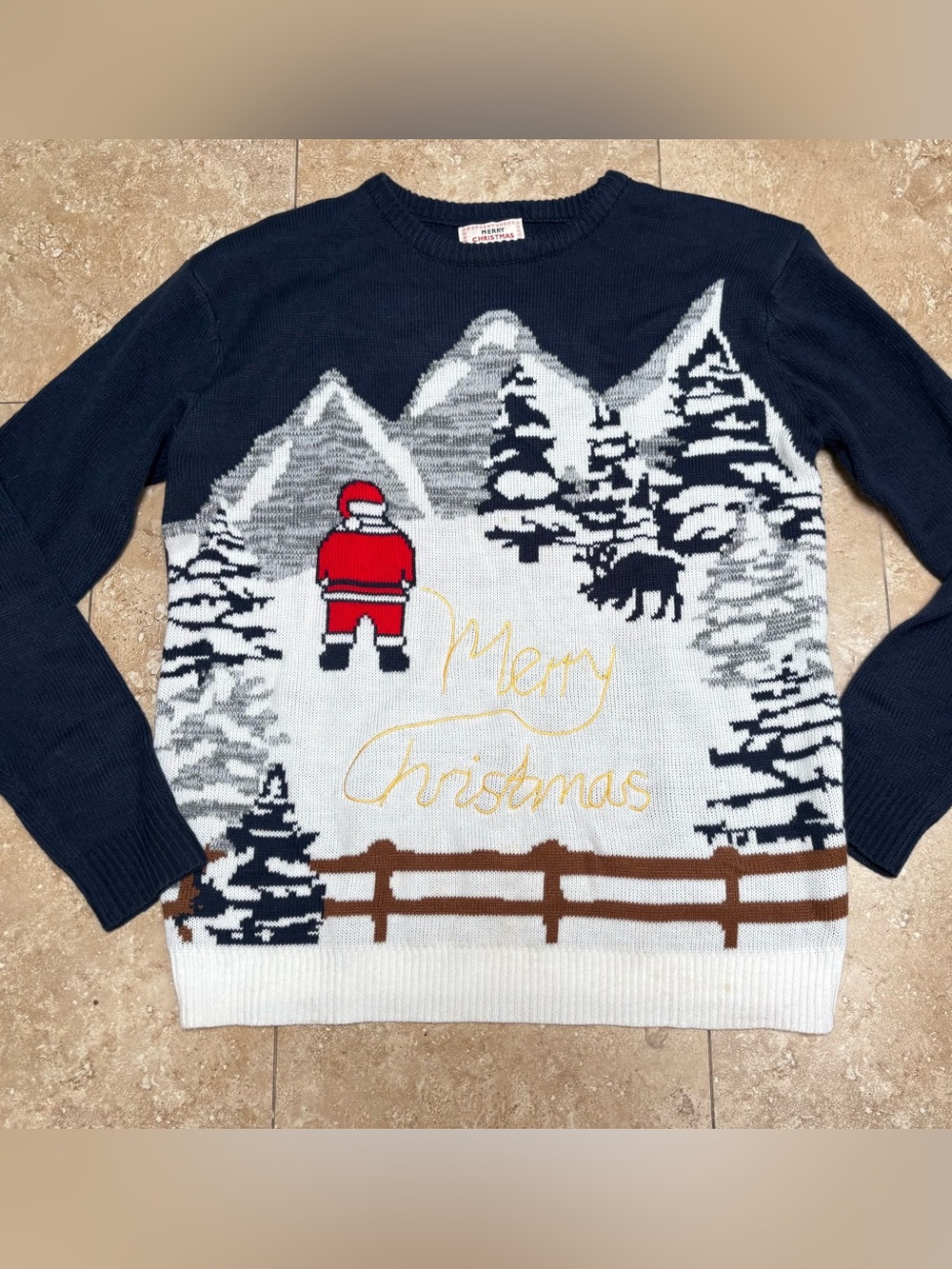 Men’s large Daisys Boutique Navy ugly Sweater santa peeing merry Xmas in snow